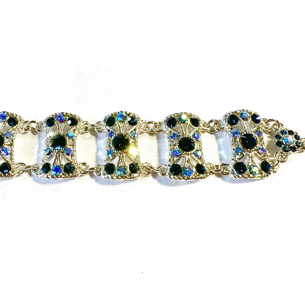 Blue Gem Vintage Silver Tone Multi-Row Rhinestone Bracelet with Adjustable Chain